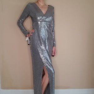 Betsy & Adam Silver Metallic Maxi Dress Gown NWT